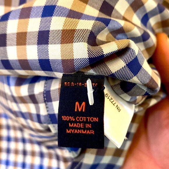 Egara Men's plaid blue, tan and white button up shirt. slim fit stretch. Size M - Picture 4 of 4